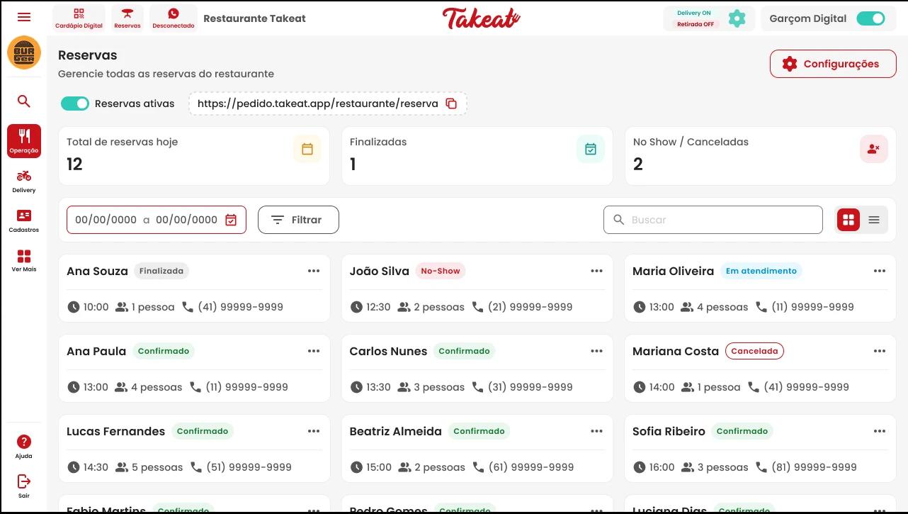 Painel Takeat com aba de reservas de mesa aberta
