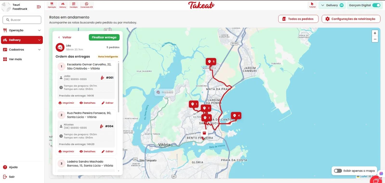 Painel de roteirização Takeat mostrando rota otimizada de 5 pedidos com motoboy