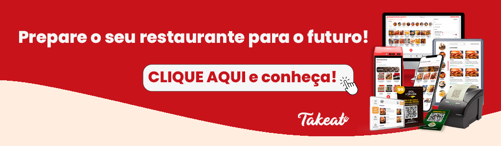 Imagem promocional do Takeeat, destacando soluções digitais para restaurantes, com dispositivos variados e mensagem incentivando a modernização do negócio.