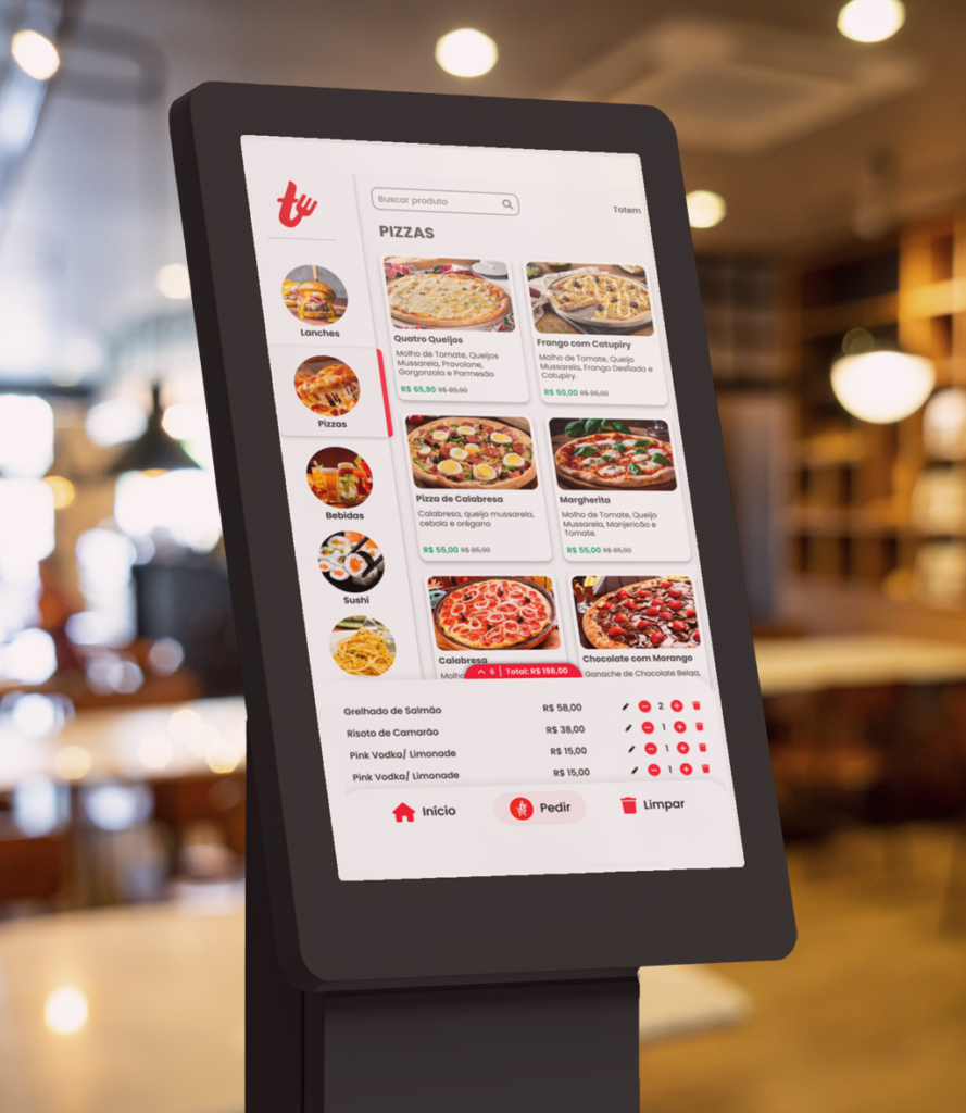 Imagem de um tablet com menu de pizzas em um restaurante, exibindo opções como pizza de calabresa e margherita, ideal para pedidos online.