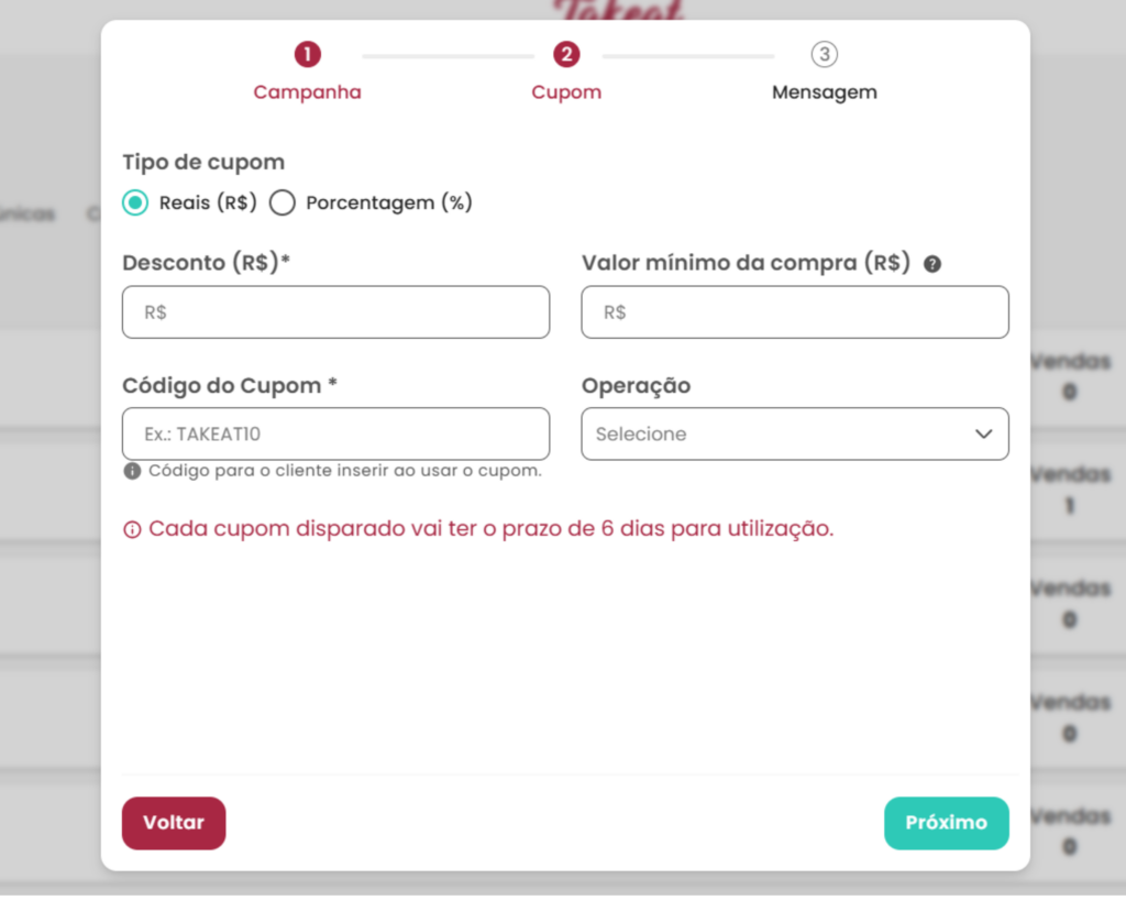 Segmentação de clientes para restaurantes - Imagem da interface do sistema Takeat mostrando o funcionamento do CRM Campanhas, com foco na criação de cupom com campos para tipo, desconto, valor mínimo de compra e código do cupom. Ideal para campanhas promocionais.