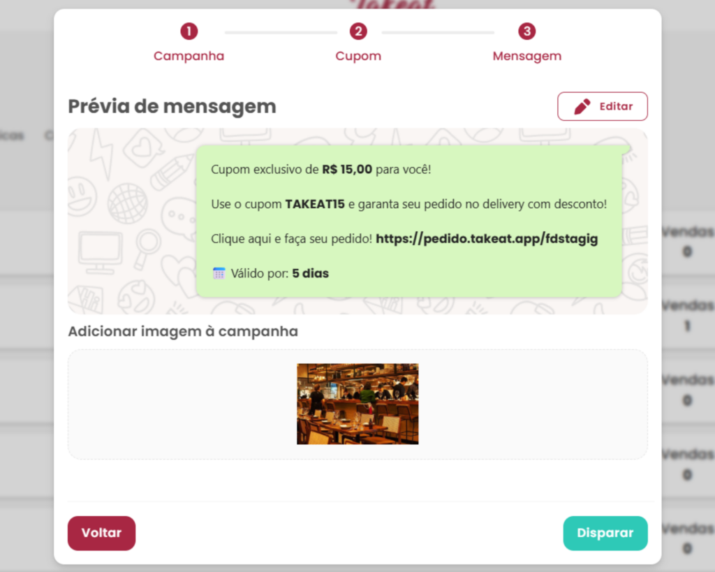 Segmentação de clientes para restaurantes - Imagem da interface do sistema Takeat mostrando o funcionamento do CRM Campanhas, mostrando a prévia da mensagem final