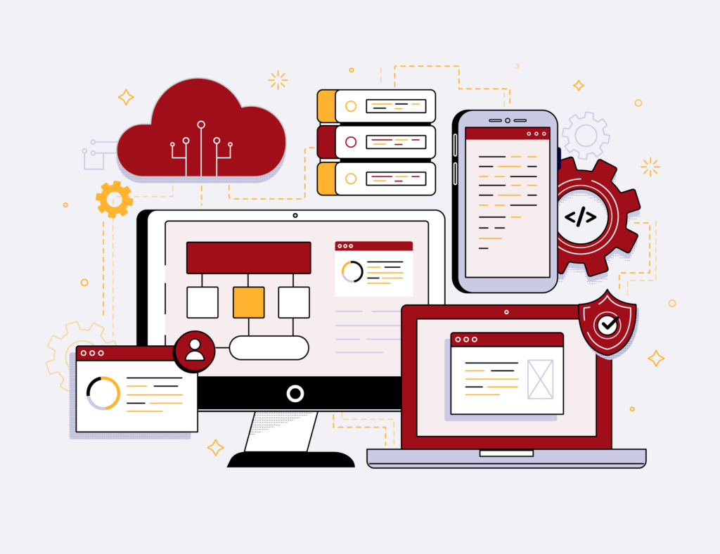 Imagem ilustrativa de tecnologia e desenvolvimento de software, com computadores, smartphones, servidores e elementos de código, representando inovação digital e eficiência operacional